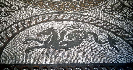 Seahorse mosaic from the Roman palace at Fishbourne (Sussex). – Image source: http://www.vroma.org/images/bonvallet_images/bonvall41.jpg.