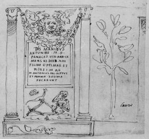 Drawing of the funerary altar for Antonia Panace (CIL VI 12059), including its floral decoration. – Image source: http://db.edcs.eu/epigr/bilder.php?bild=$CIL_06_12059_1.jpg;$CIL_06_12059_2.jpg;$DM_251.jpg&nr=3.