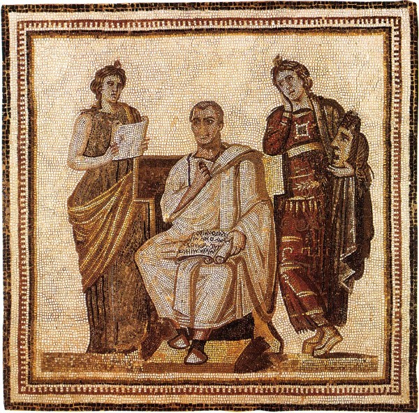 The poet Vergil and two Muses. Mosaic from Hadrumetum/Sousse. – Image source: http://www.vanderbilt.edu/AnS/Classics/roman_provinces/mosaics%20of%20roman%20africa/The%20poet%20Virgil%20and%20two%20muses.JPG.